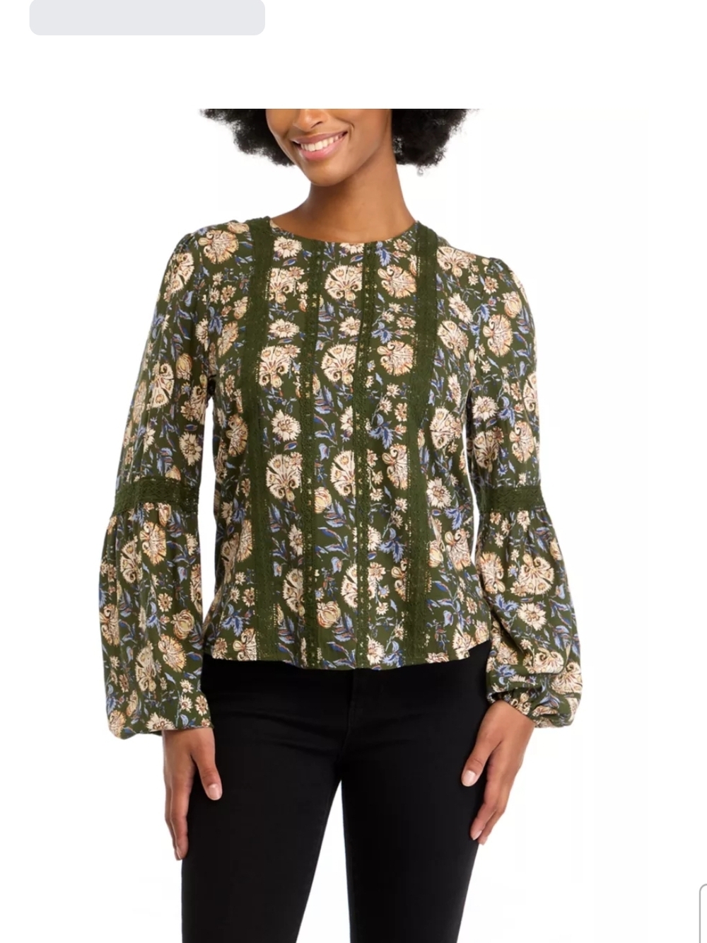 Oak & Trellis Women's Green Floral Top W/ Crochet Lace Accents; Size M
